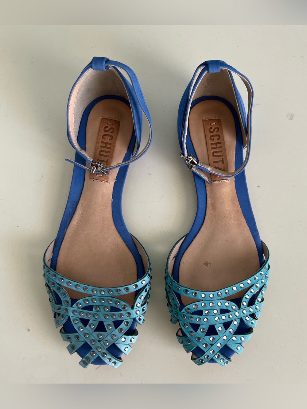 Schutz Blue Studded Sandals Leather Sole Ankle Strap Heels Size 5 EU 36
